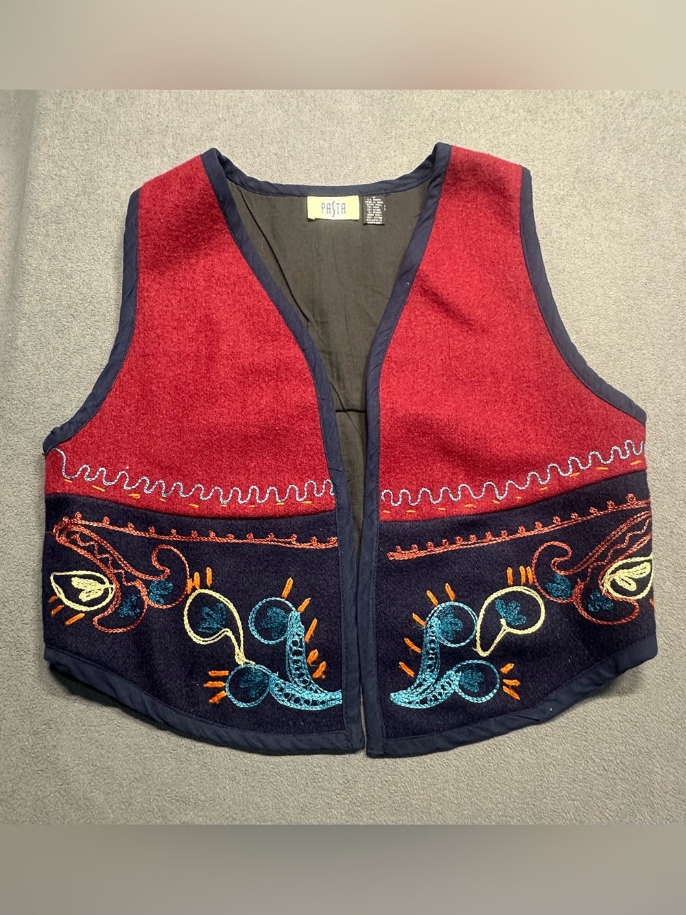 Embroidered Red & Navy Wool Vest